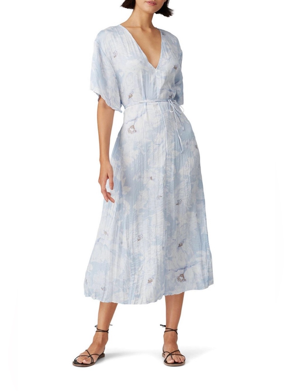 Vince~Light Blue Painted Magnolia V-Neck Midi Dress~Size Small~$365~
